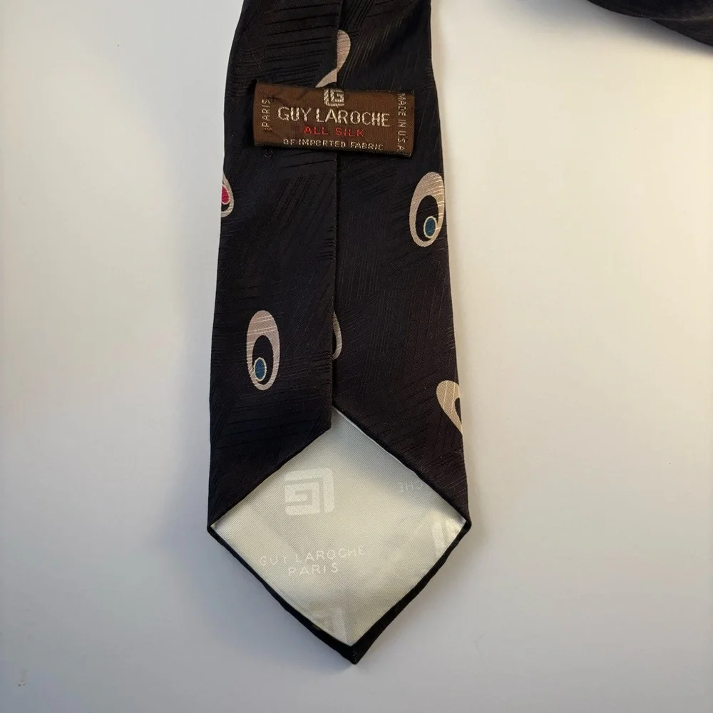 Guy‎ Laroche Paris Black Silk Tie Geometric Ovals Made in USA 58” X 3.25”